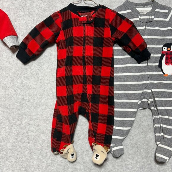 Carters Baby Boy 3M Lot of 3 Fleece Footies Christmas Penguin Reindeer Plaid - Picture 5 of 10